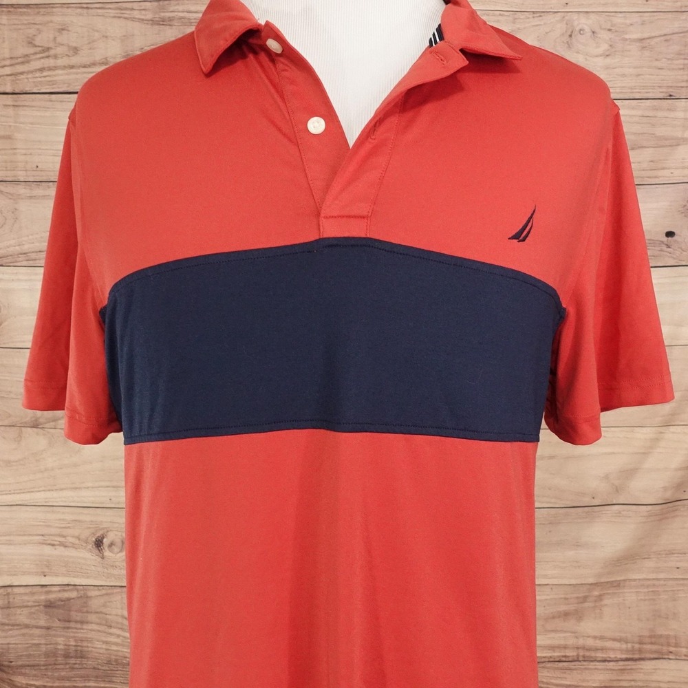 Nautica Polo Shirt Mens L Red Classic Fit Colorblock Stretch Jersey Knit Golf